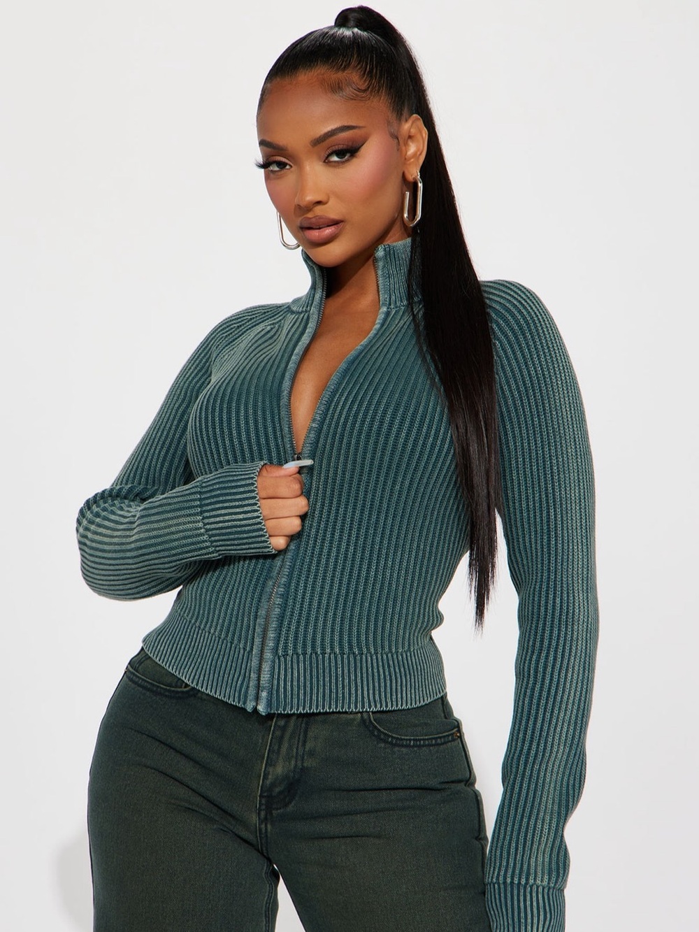 FashionForward Ribbed Zip-Up Sweater Jacket in Teal Green